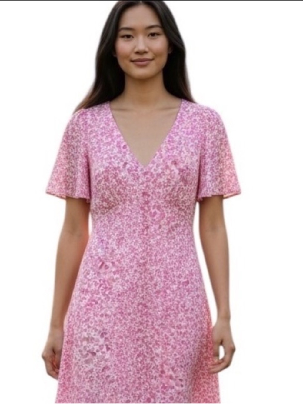 Ditzy Floral Midi Dress Pink White Button Down Front Smocked Back Boho Cottage - Picture 2 of 12